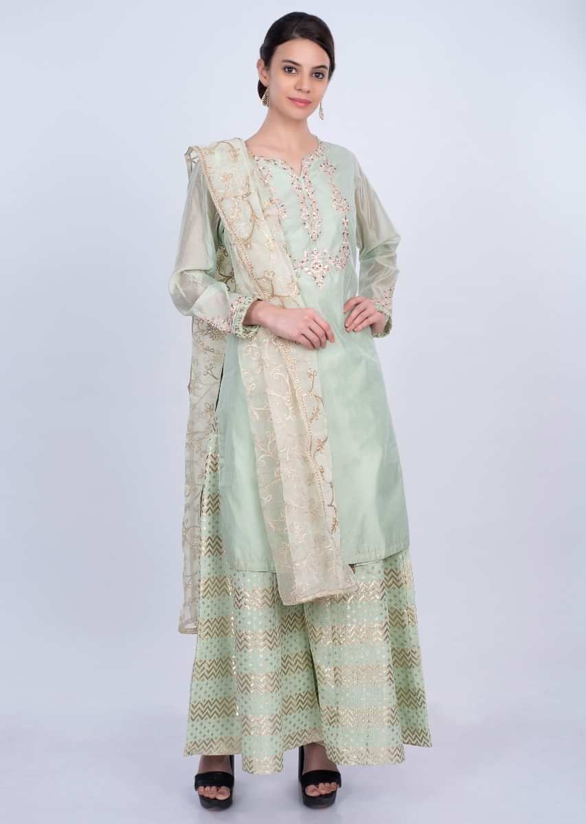 Mint green cotton palazzo suit set with organza dupatta only on Kalki