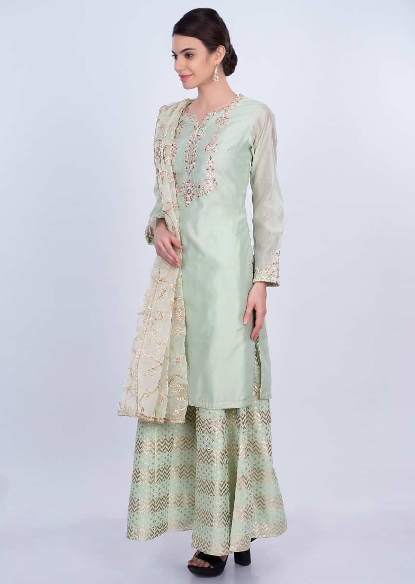 Mint green cotton palazzo suit set with organza dupatta only on Kalki