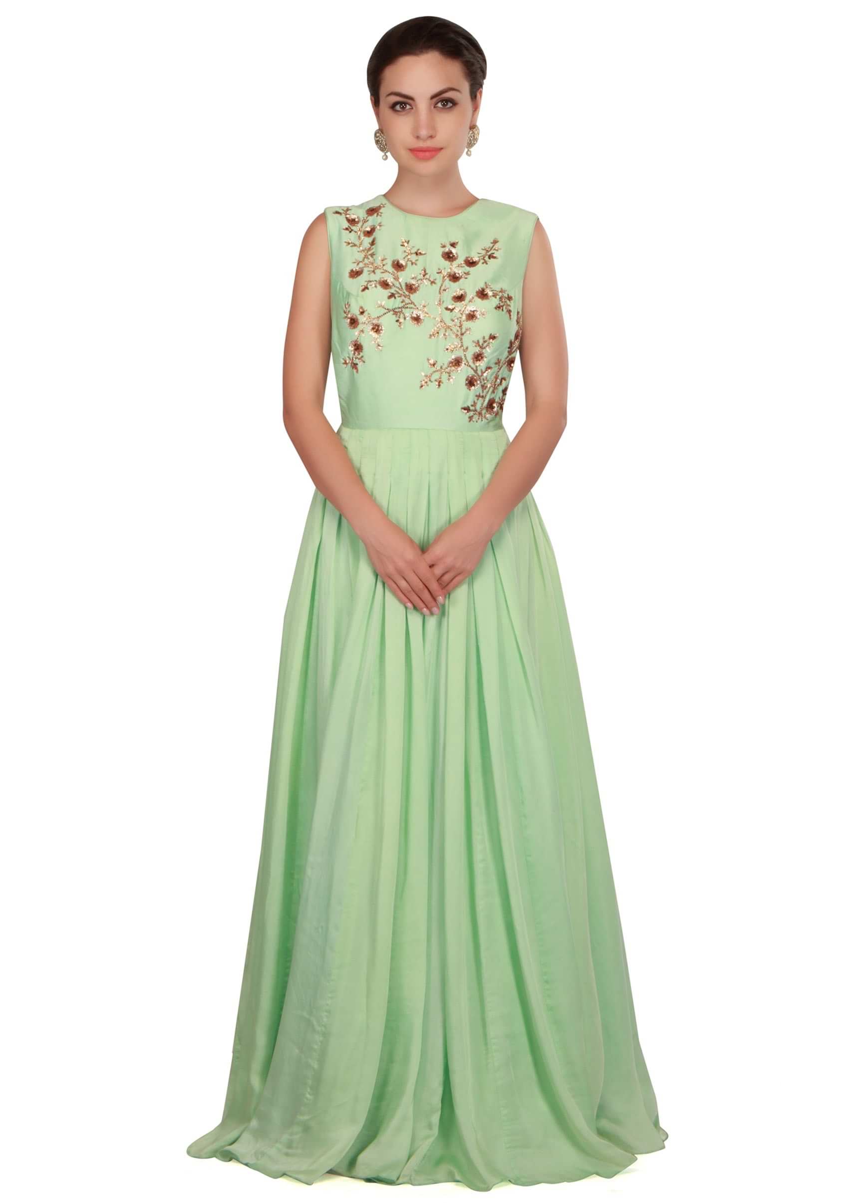 Mint green dress with zari embroidered bodice only on Kalki