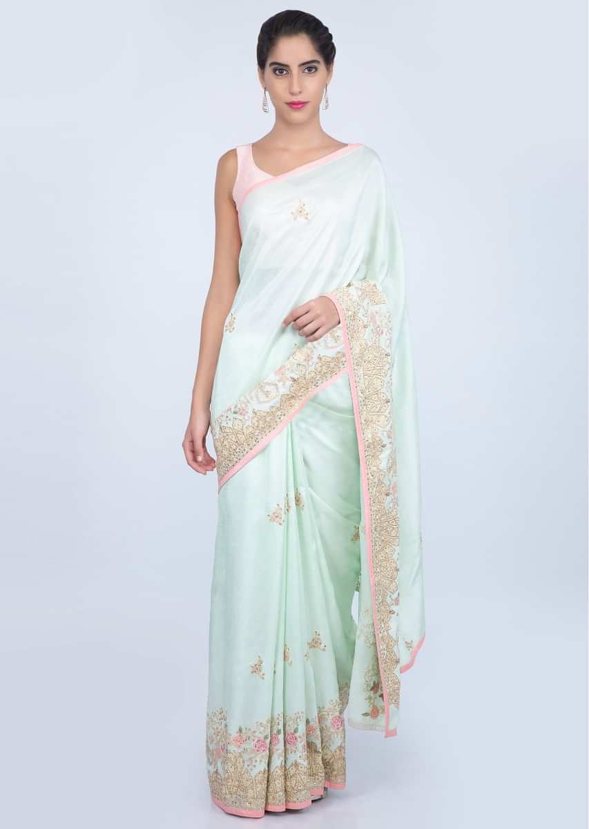 Mint green dupion silk saree with embroidery and butti only on kalki
