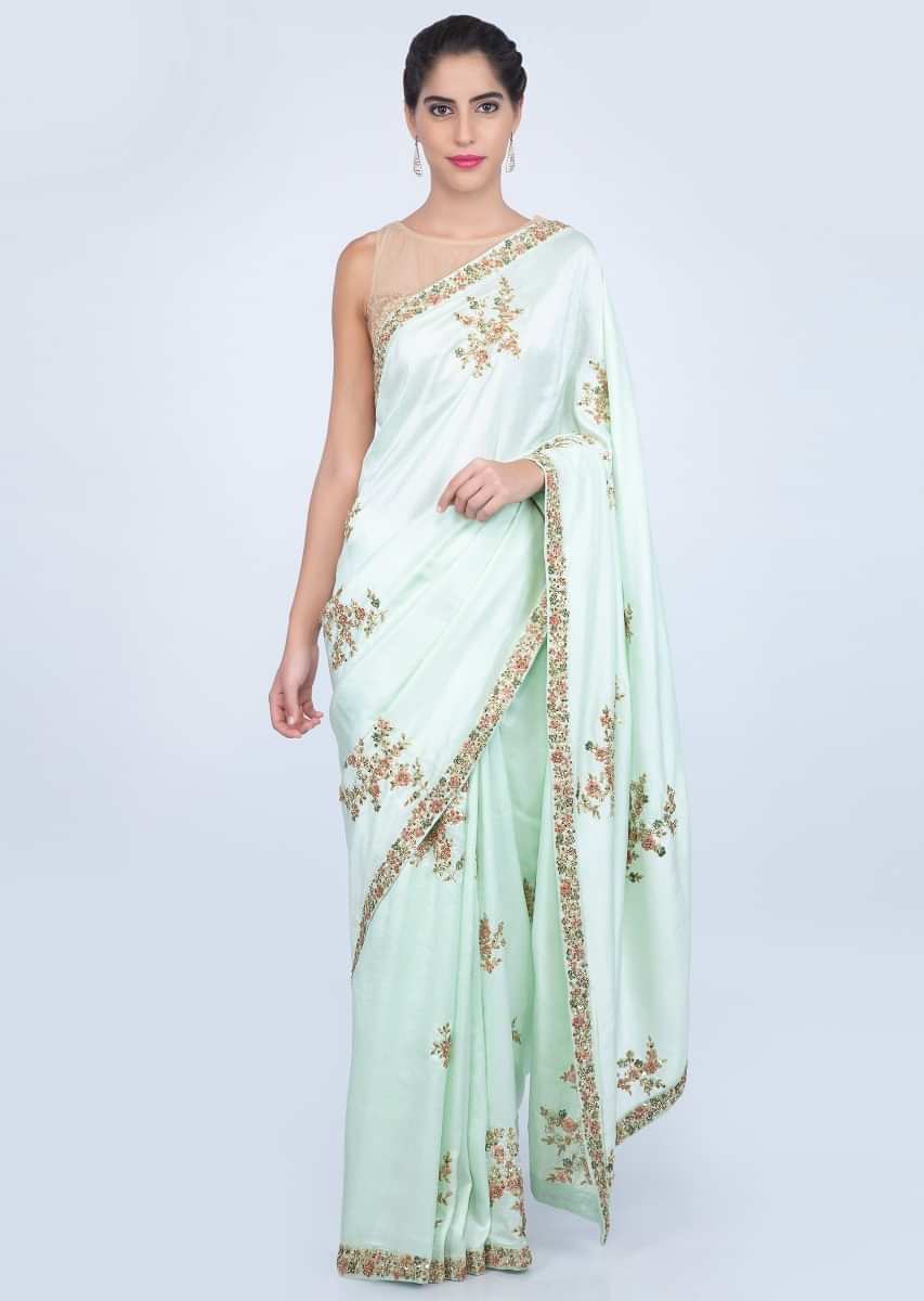 Mint Green Saree In Dupion Silk With Embroidered Butti And Border Online - Kalki Fashion