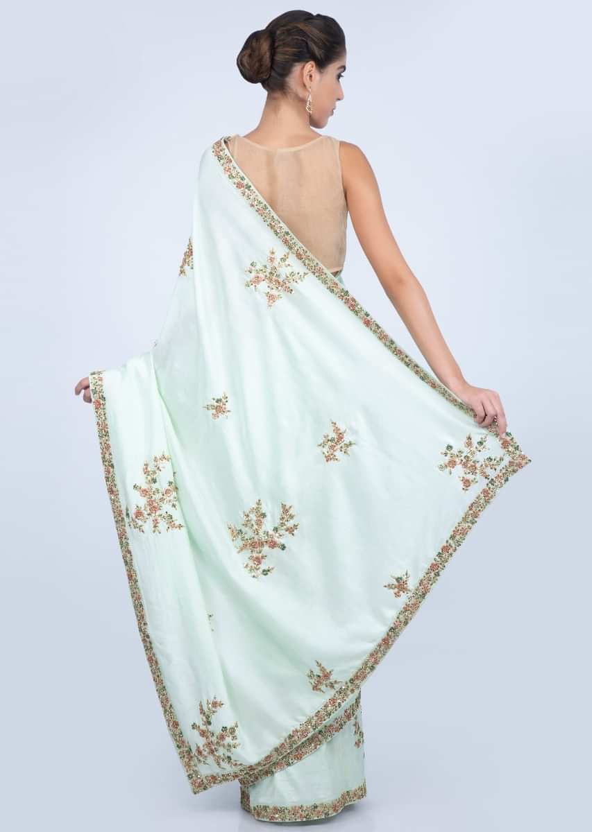 Mint Green Saree In Dupion Silk With Embroidered Butti And Border Online - Kalki Fashion