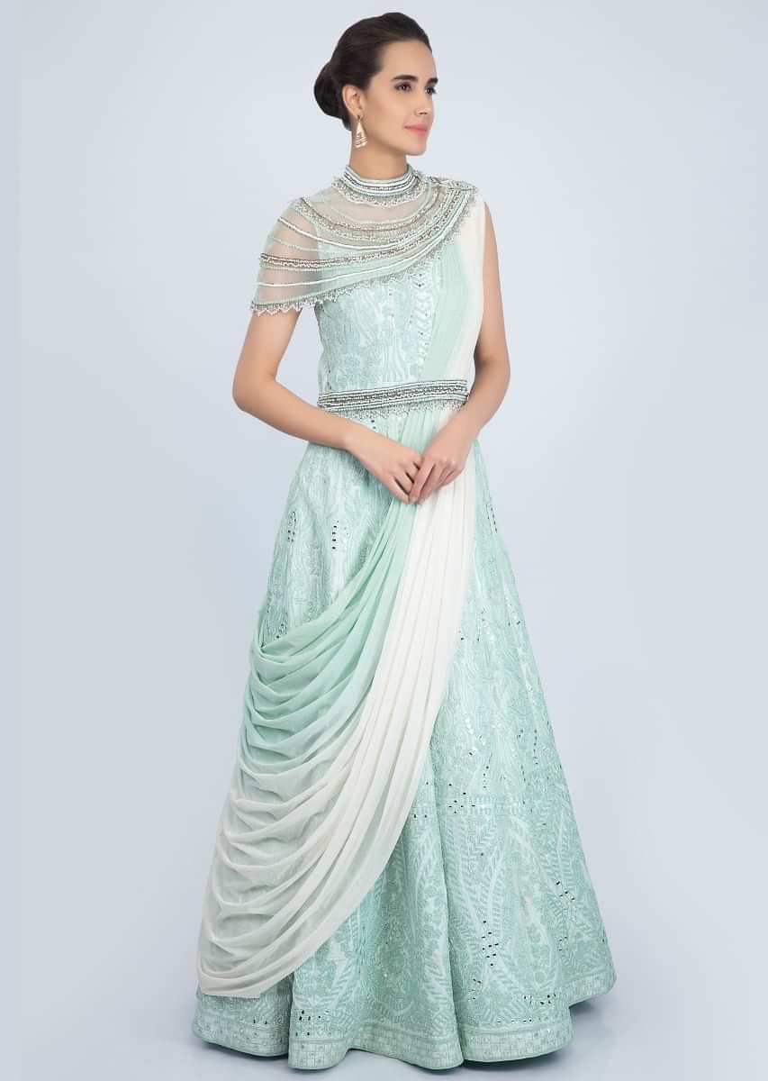 Mint green embroidered anarkali gown with shaded prestitched pleated dupatta only on Kalki