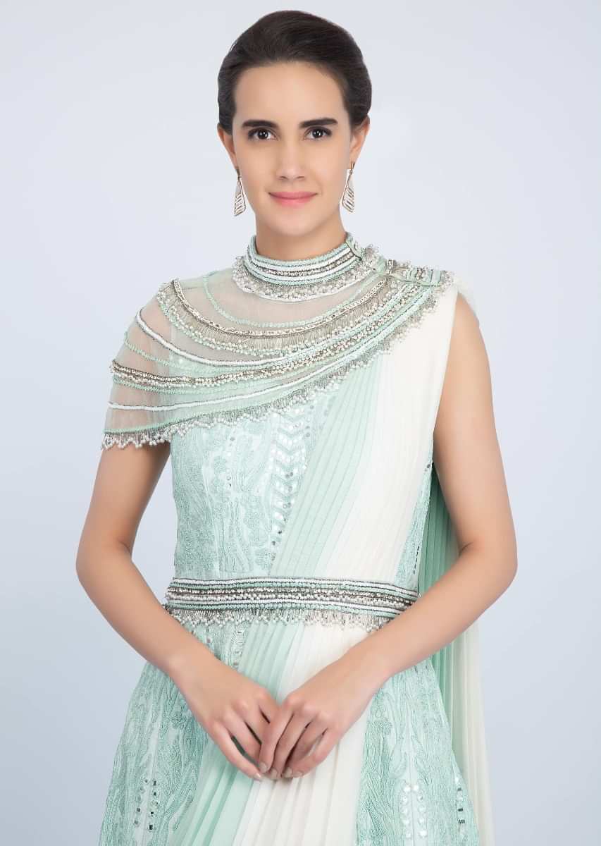 Mint green embroidered anarkali gown with shaded prestitched pleated dupatta only on Kalki