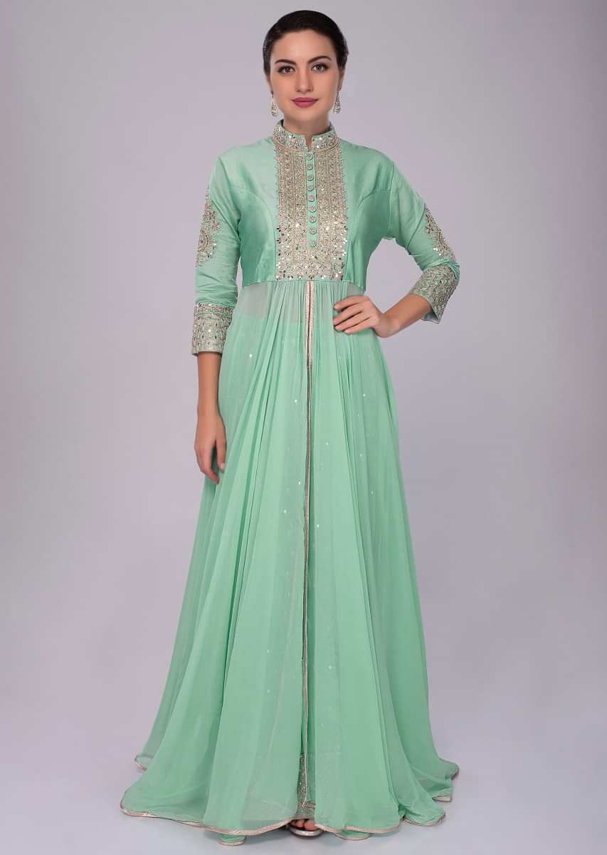 Mint green gotta patch embroidered suit paired with embroidered skirt