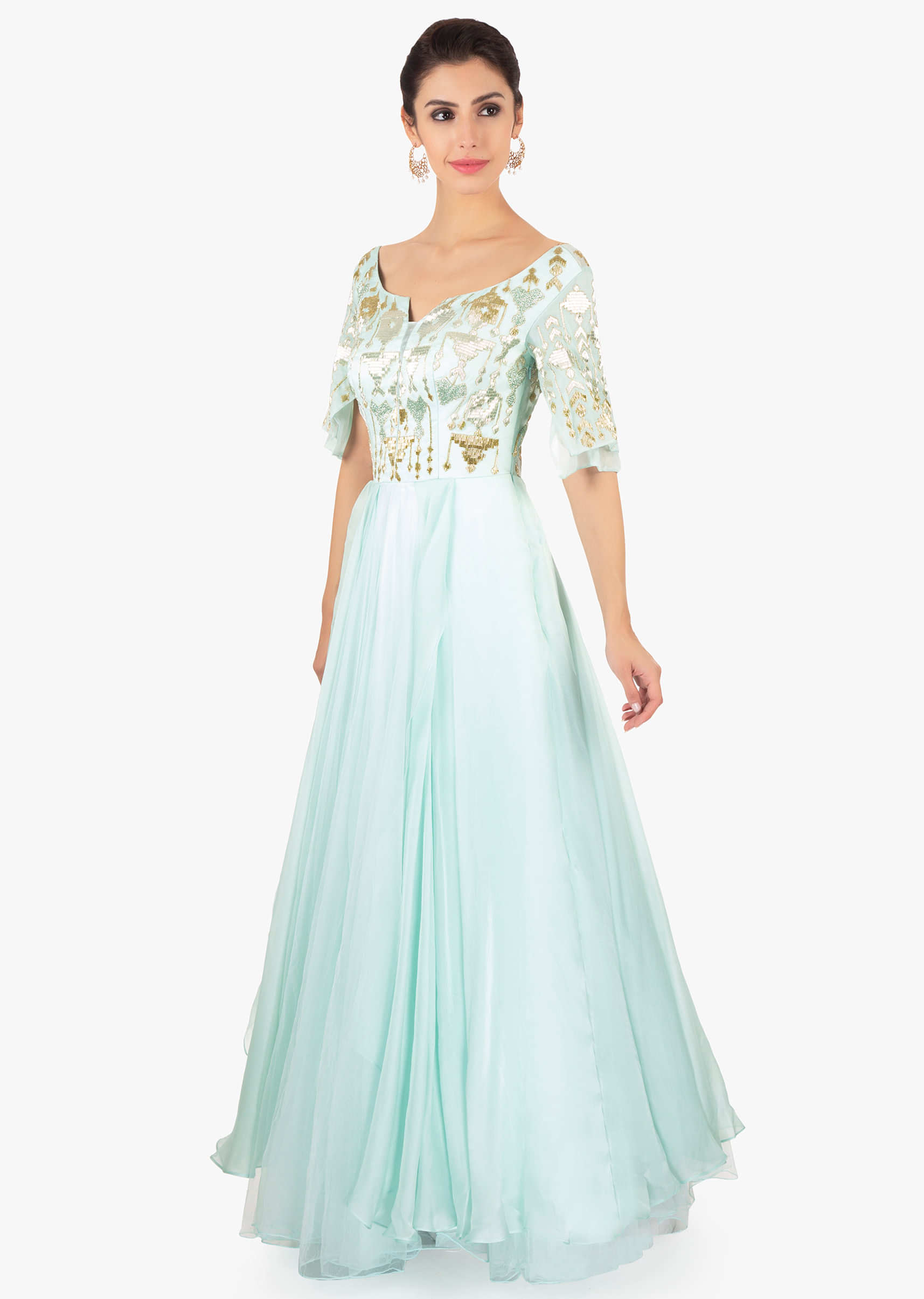Buy Mint Green Gown Designed With Over Lapping Sleeves And Layers ...