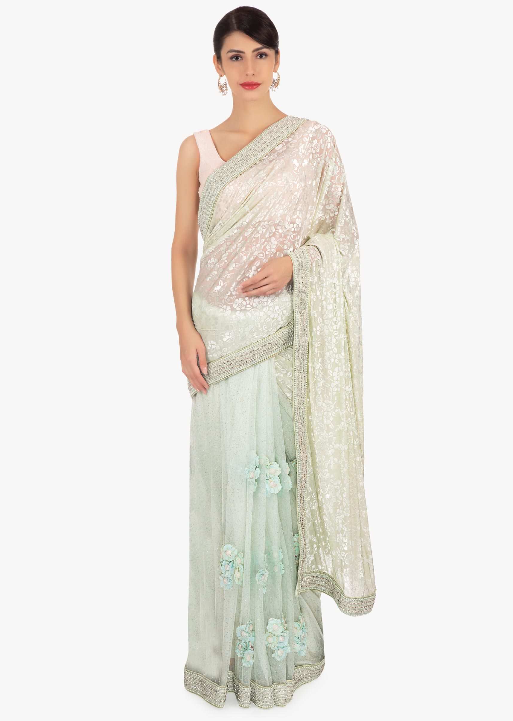 Mint green half and half saree in  net and jacquard lycra