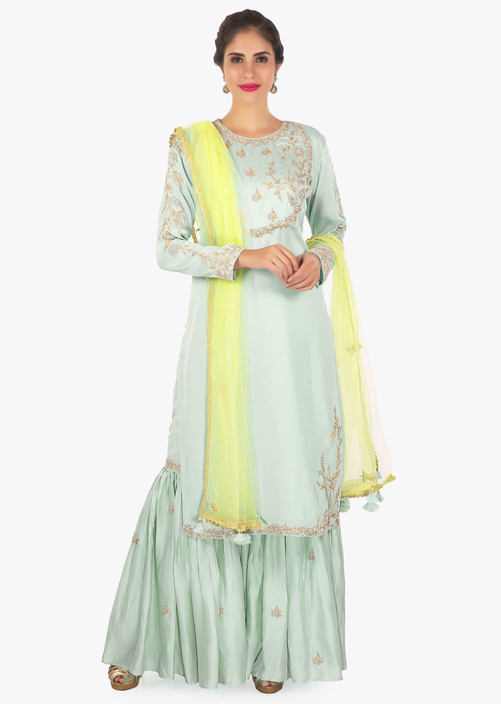 Mint Green Kurti In Zardosi And Sequins Embroidery With Sharara Pant And Yellow Net Dupatta