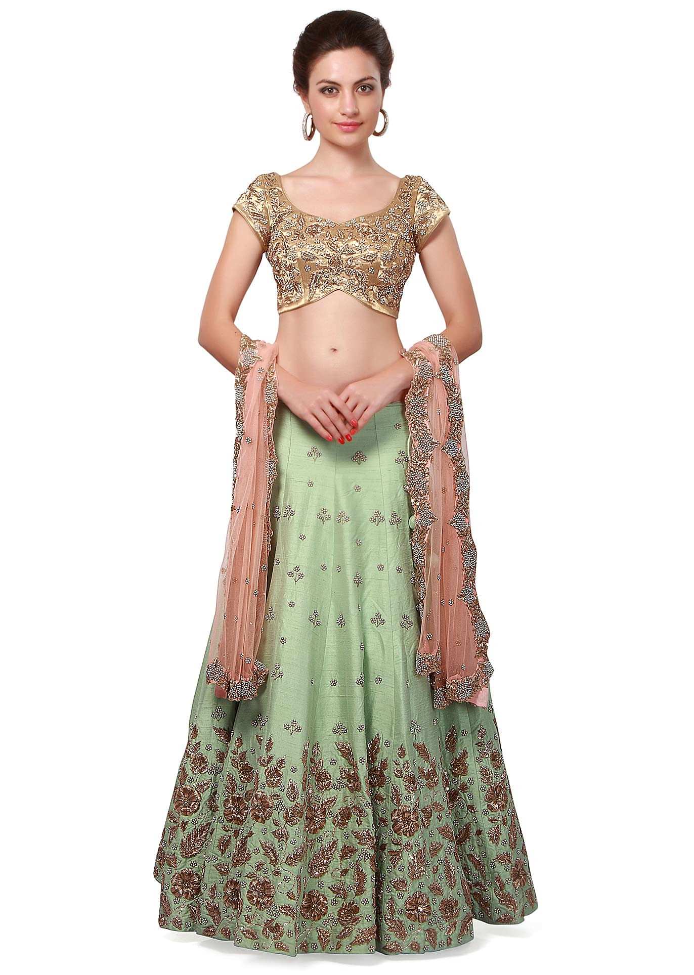 Mint green lehenga featuring with resham and zari embroidery only on Kalki