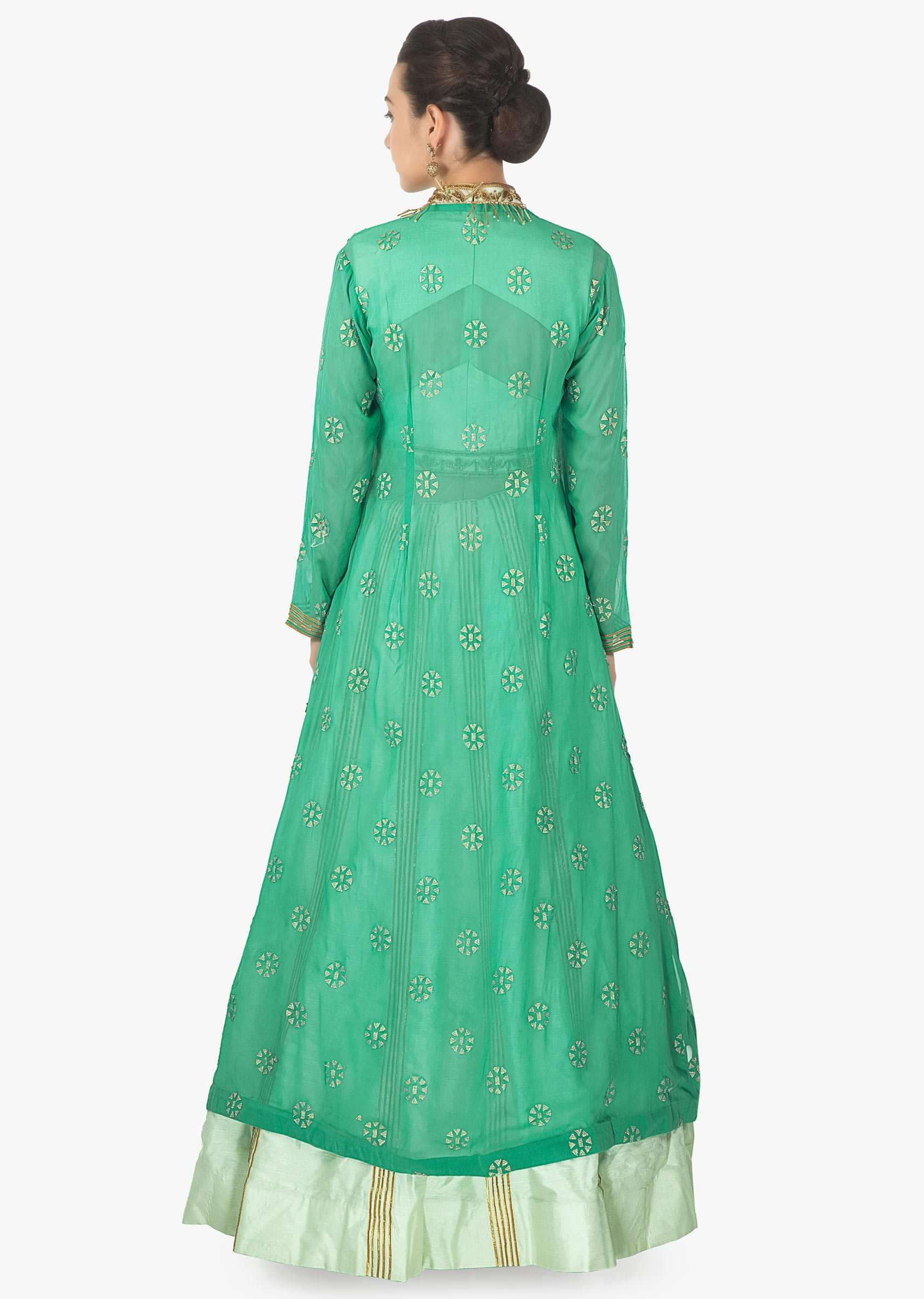 Mint green lehenga with embroidered blouse matched with long jacket in tassel only on Kalki