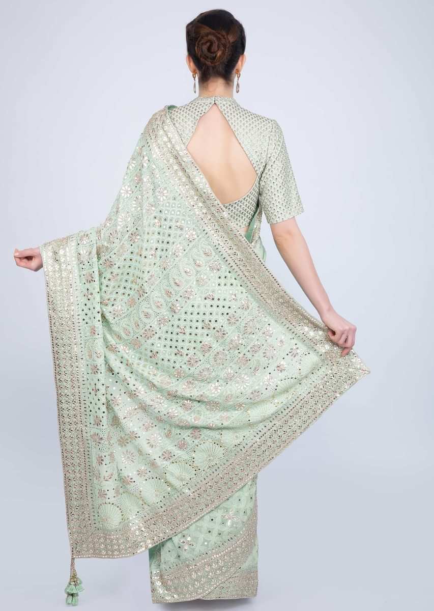 Mint green saree in lucknowi embroidered georgette  Online - Kalki Fashion