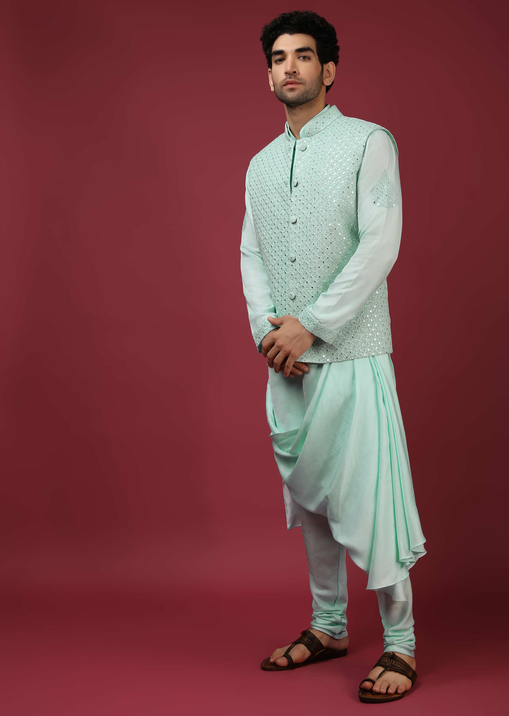 Mint Green Nehru Jacket And Kurta Set With Thread And Mirror Abla Embroidered Jaal  