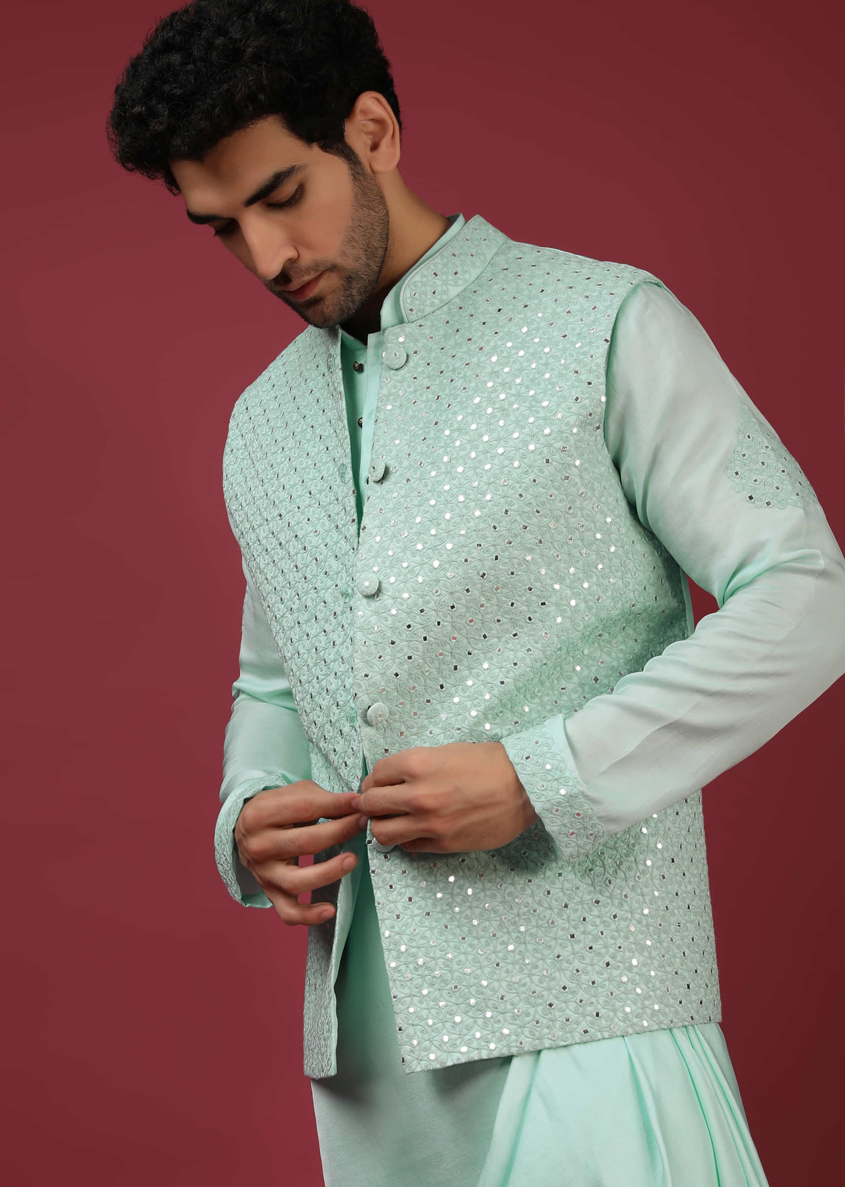 Mint Green Nehru Jacket And Kurta Set With Thread And Mirror Abla Embroidered Jaal  