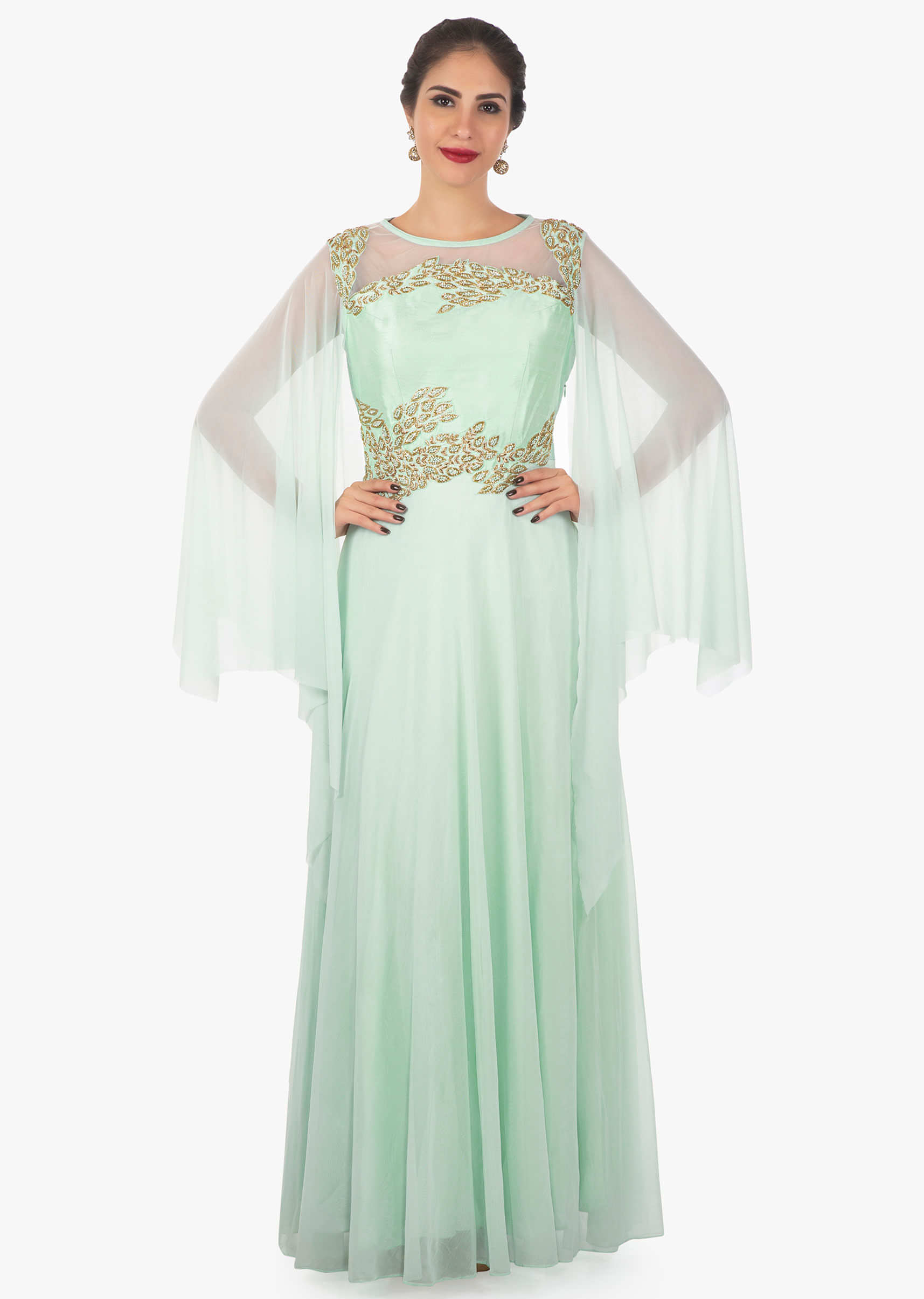 Mint green raw silk and lycra net dress with long slit sleeves