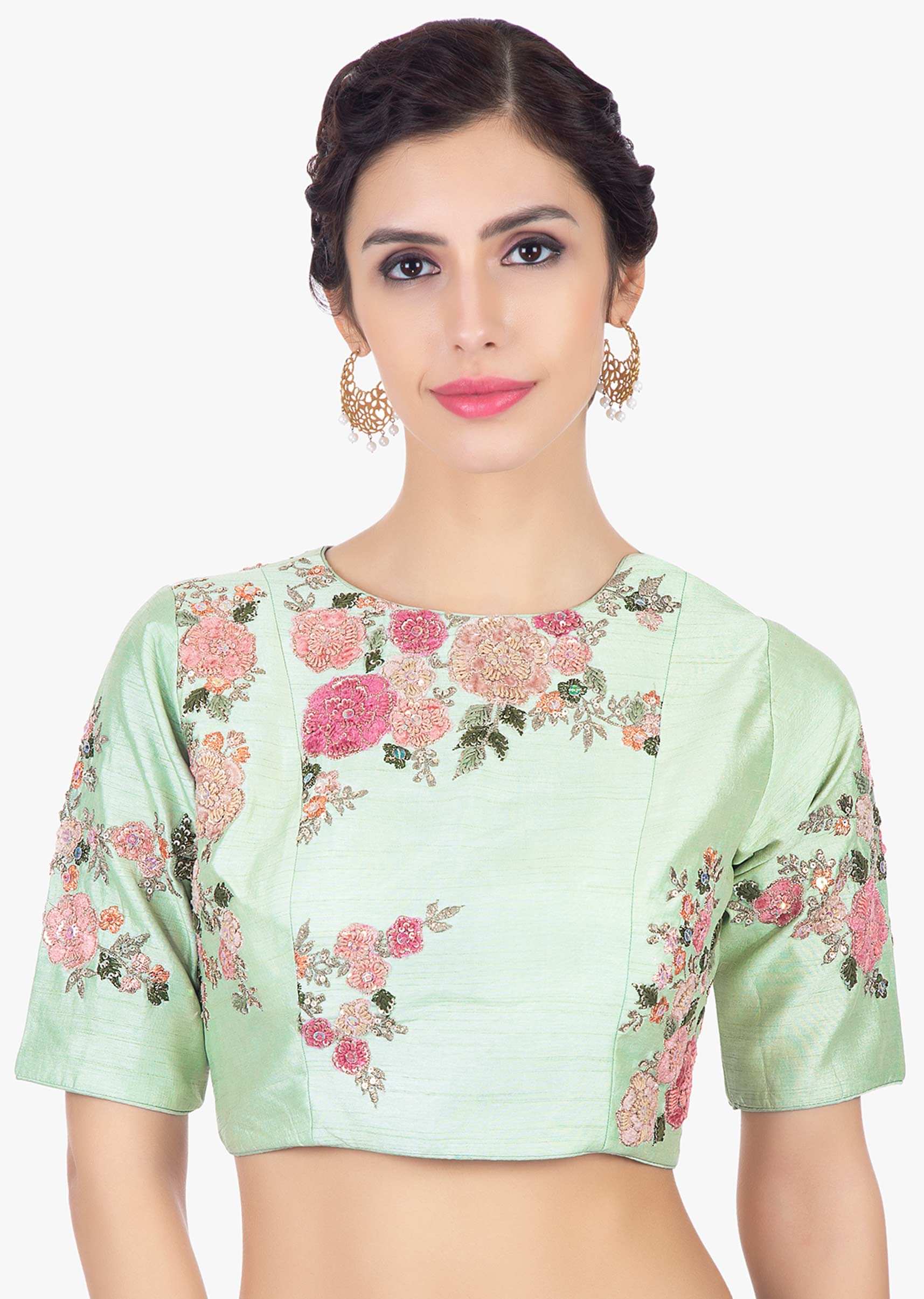 Mint green raw silk blouse in velvet and zari floral embroidery