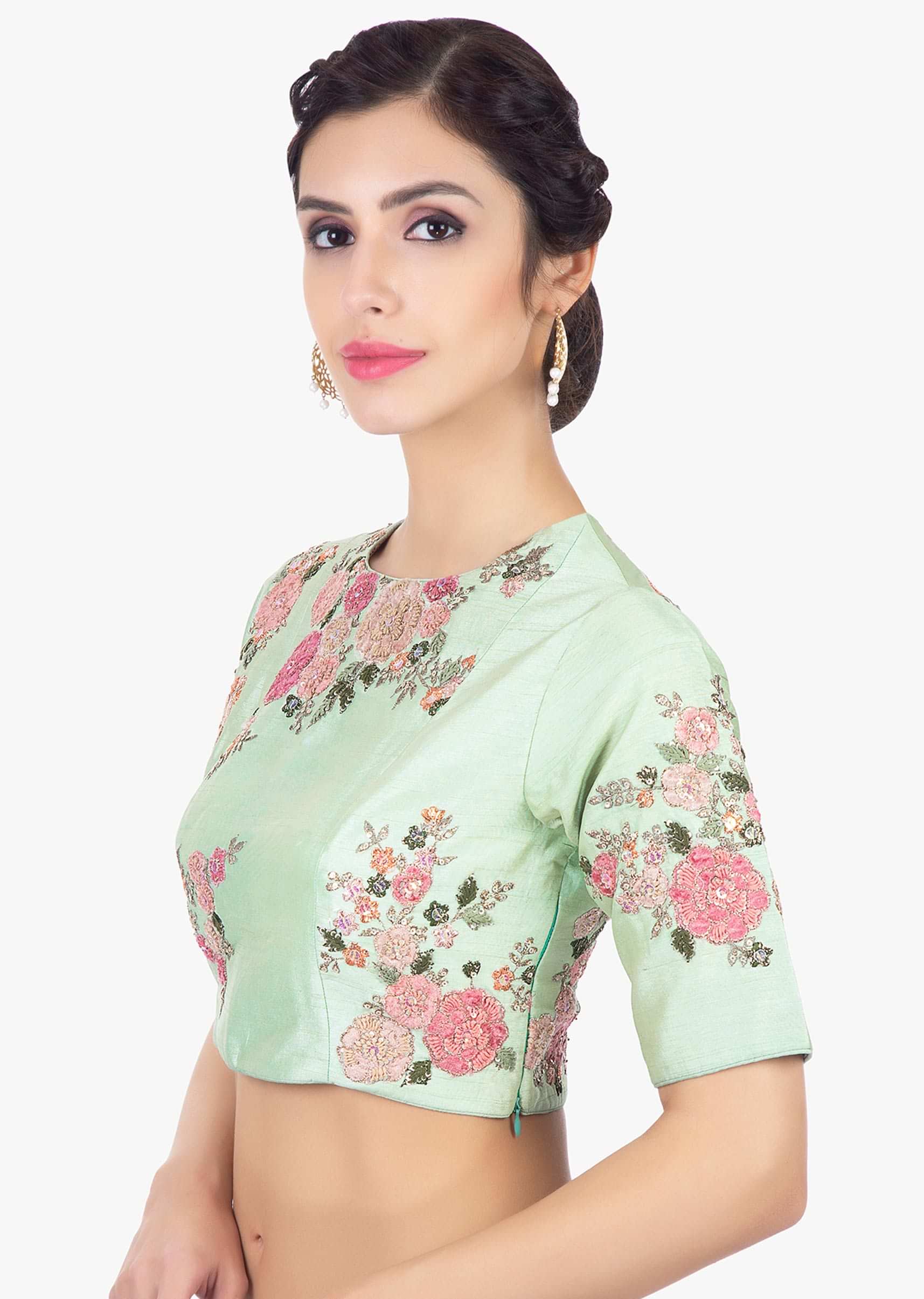 Mint green raw silk blouse in velvet and zari floral embroidery