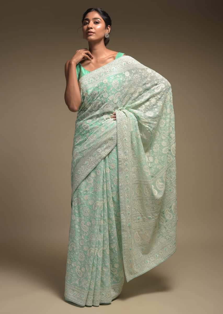 Mint Green Saree In Georgette Adorned With Lucknowi Thread Embroidery In Paisley Jaal