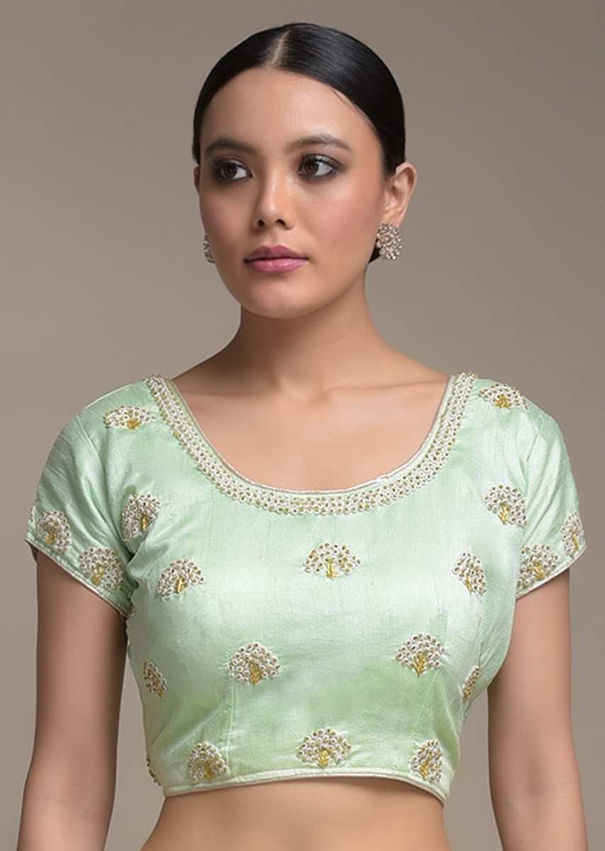 Buy Mint Green Saree In Silk Blend With Beads Embellished Plant Motifs ...