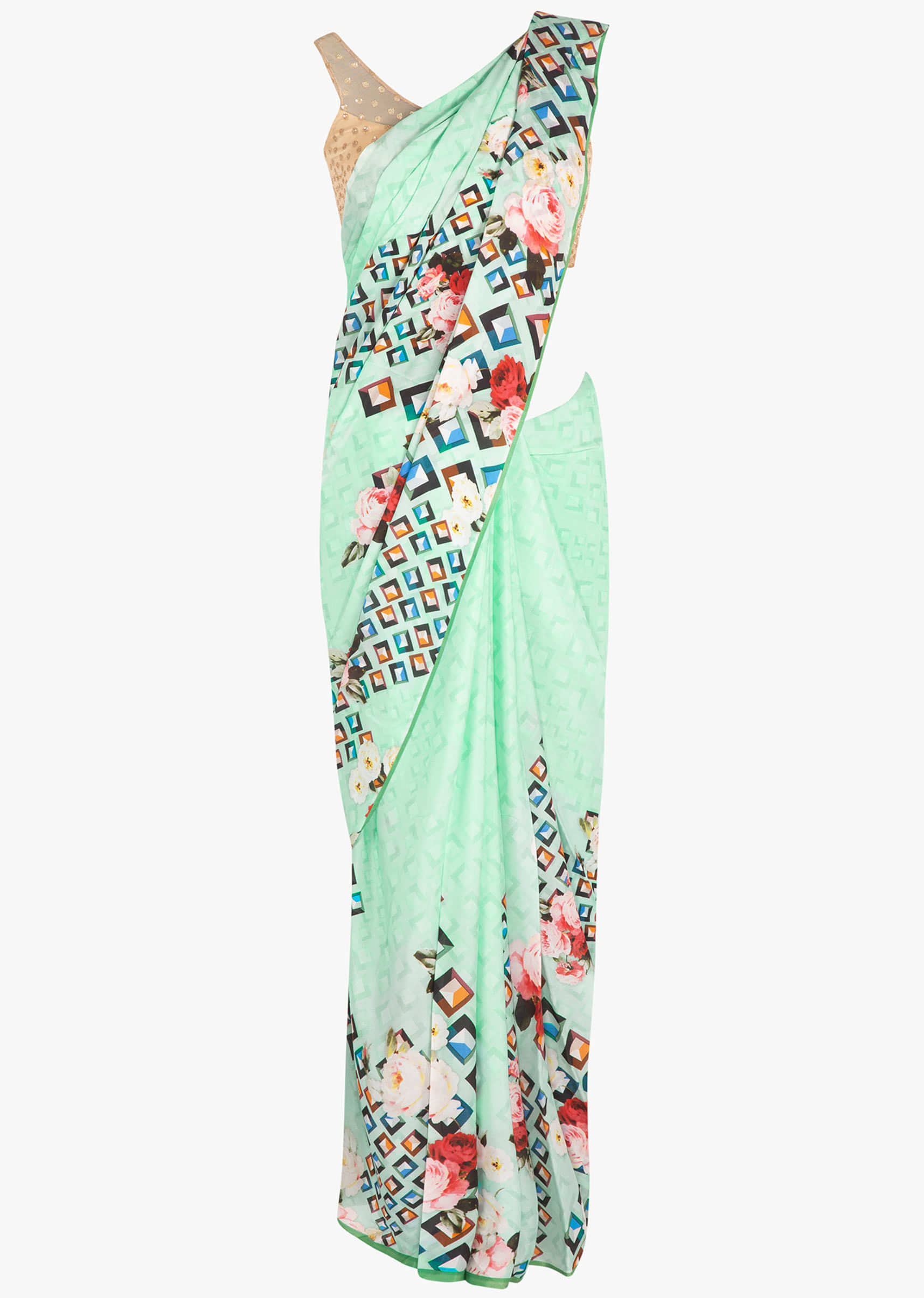 Mint green satin saree in geometric and floral motif