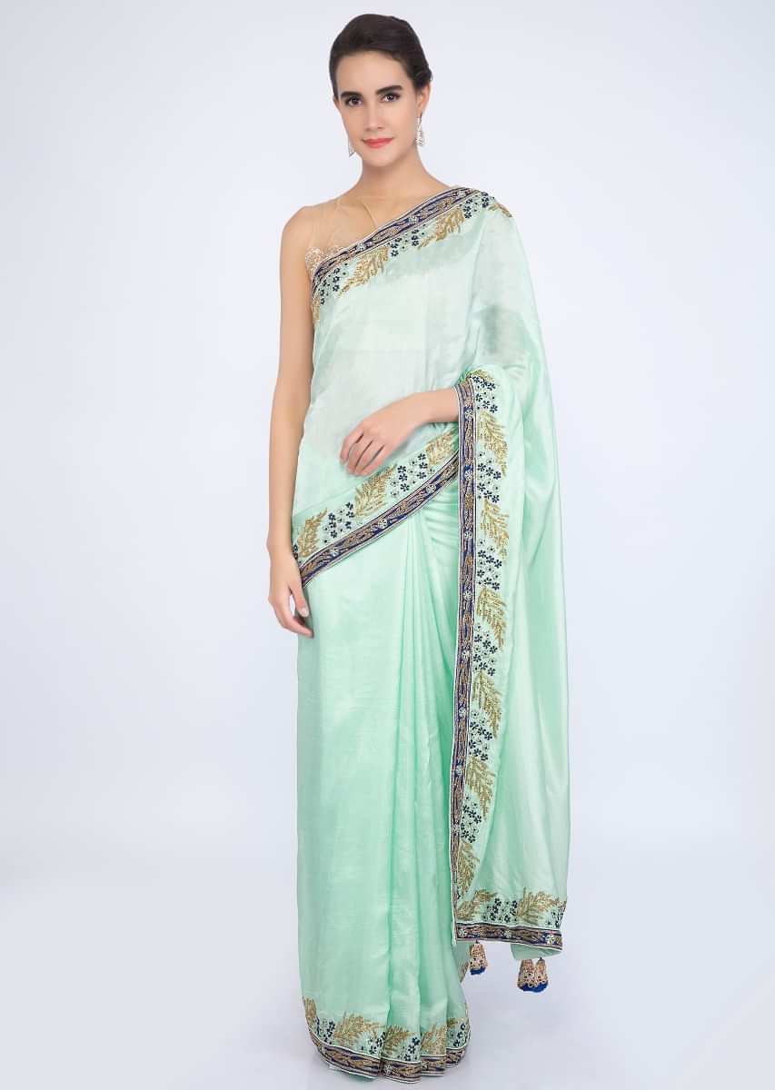 Mint green satin silk saree with embroidered border only on Kalki