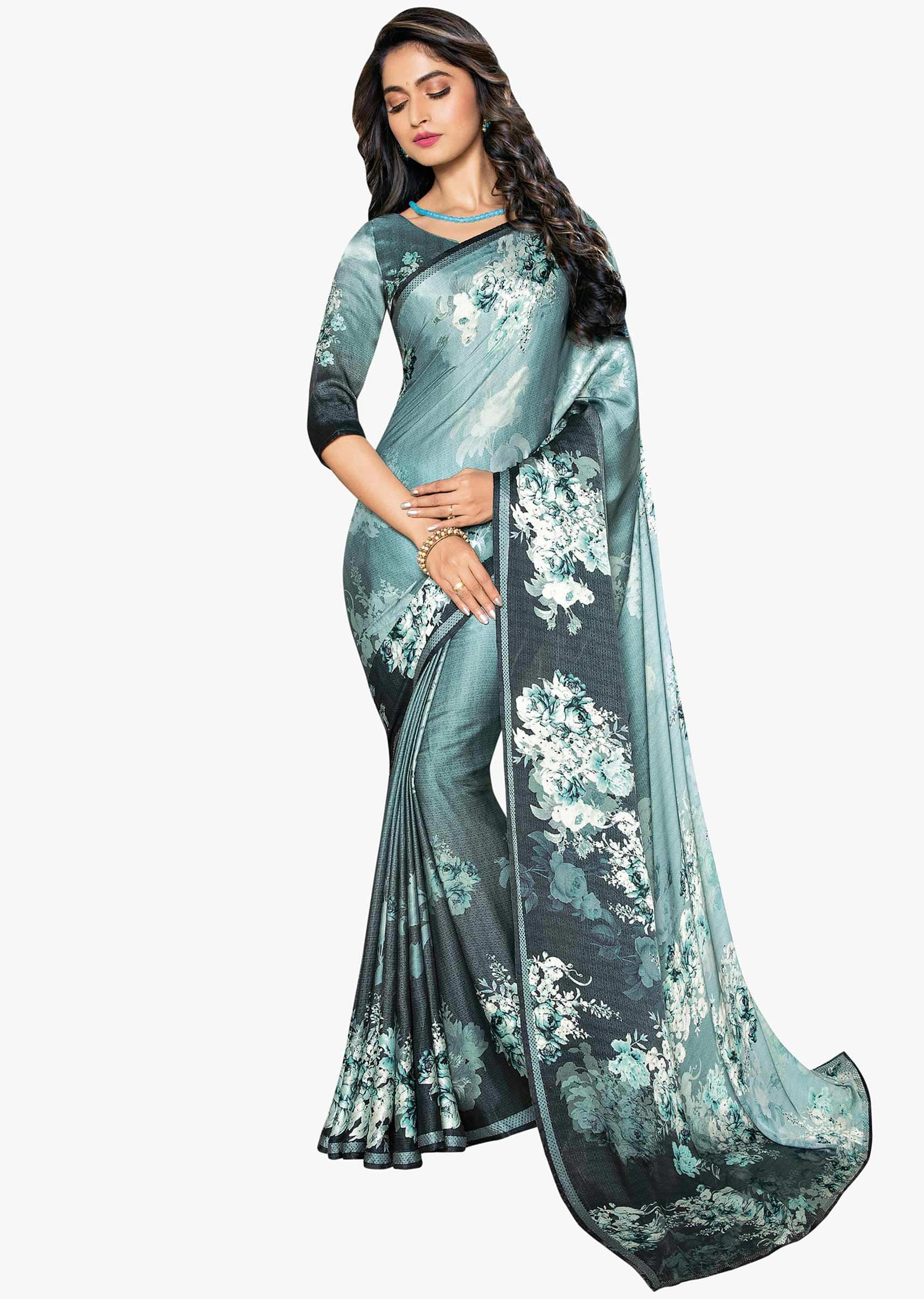 Mint green shaded satin saree in floral print only on Kalki 