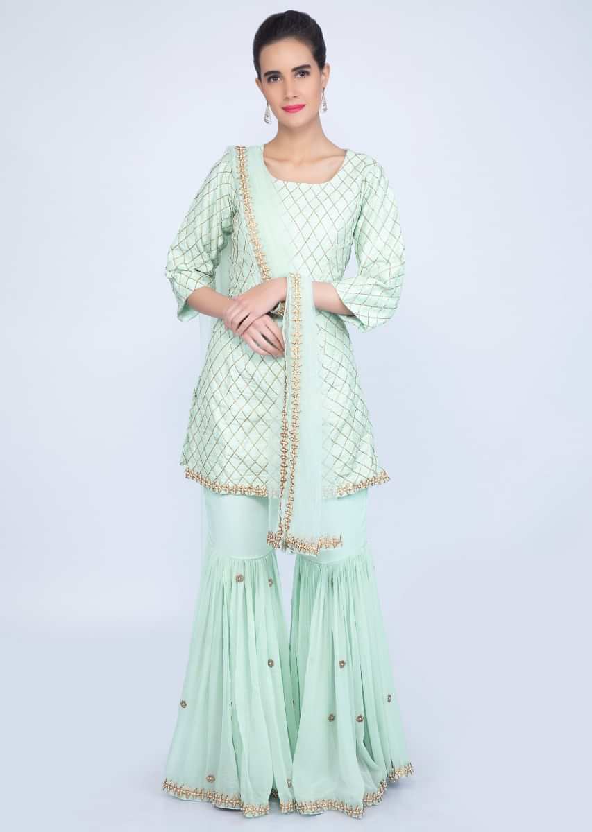 Mint Green Sharara Suit Set In Checks Jaal Embroidery Online - Kalki Fashion