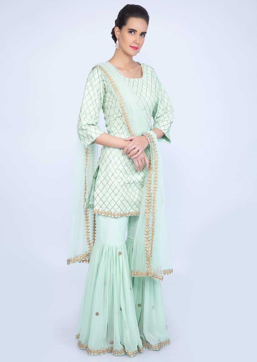 Mint Green Sharara Suit Set In Checks Jaal Embroidery Online - Kalki Fashion
