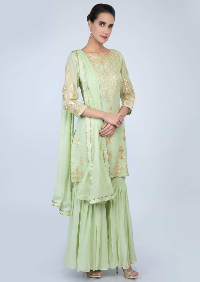 Mint Green Sharara Suit Set In Zari Embroidery And Butti Online - Kalki Fashion