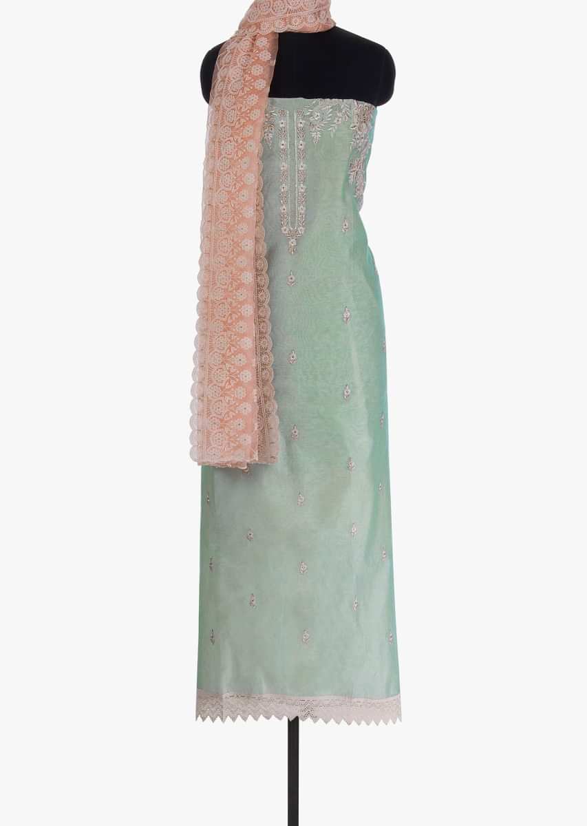 Mint green unstitched silk suit in floral  and zari thread embroidery  