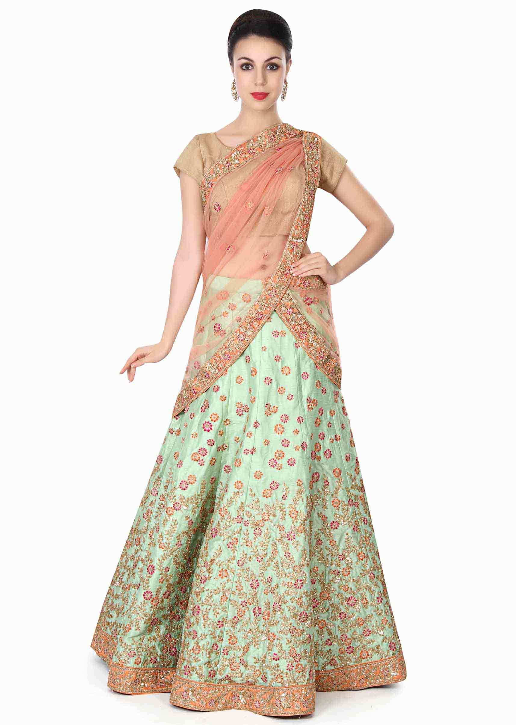 Mint Lehenga Choli With Embroidery Work In Floral Pattern Online - Kalki Fashion