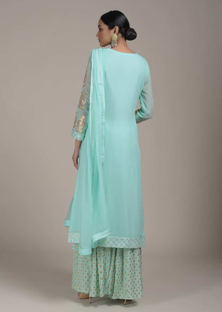 Mint Palazzo Suit In Georgette With Zari Embroidered Buttis And Gotta Work  