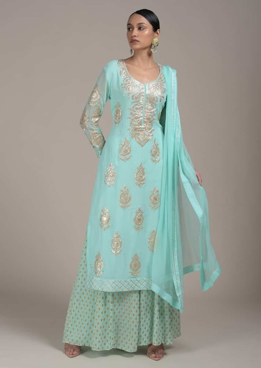 Mint Palazzo Suit In Georgette With Zari Embroidered Buttis And Gotta Work  