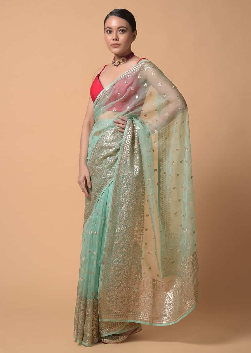 Mint Saree In Organza With Zari Cord Embroidery In Floral And Paisley Motifs  