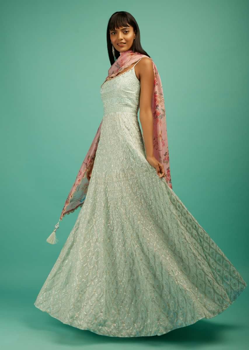 Mint Anarkali Suit In Georgette With Resham Embroidered Moroccan Jaal And Pink Floral Dupatta  