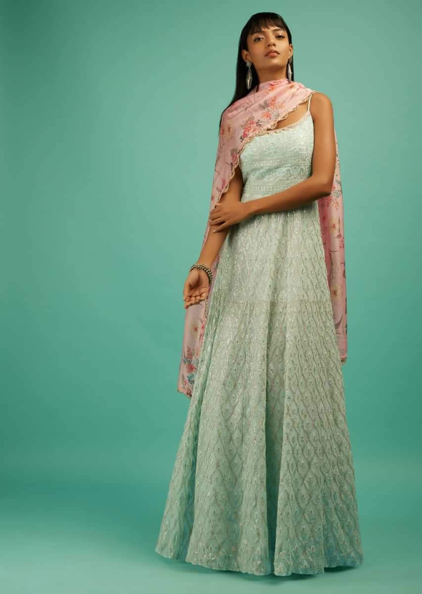 Mint Anarkali Suit In Georgette With Resham Embroidered Moroccan Jaal And Pink Floral Dupatta  