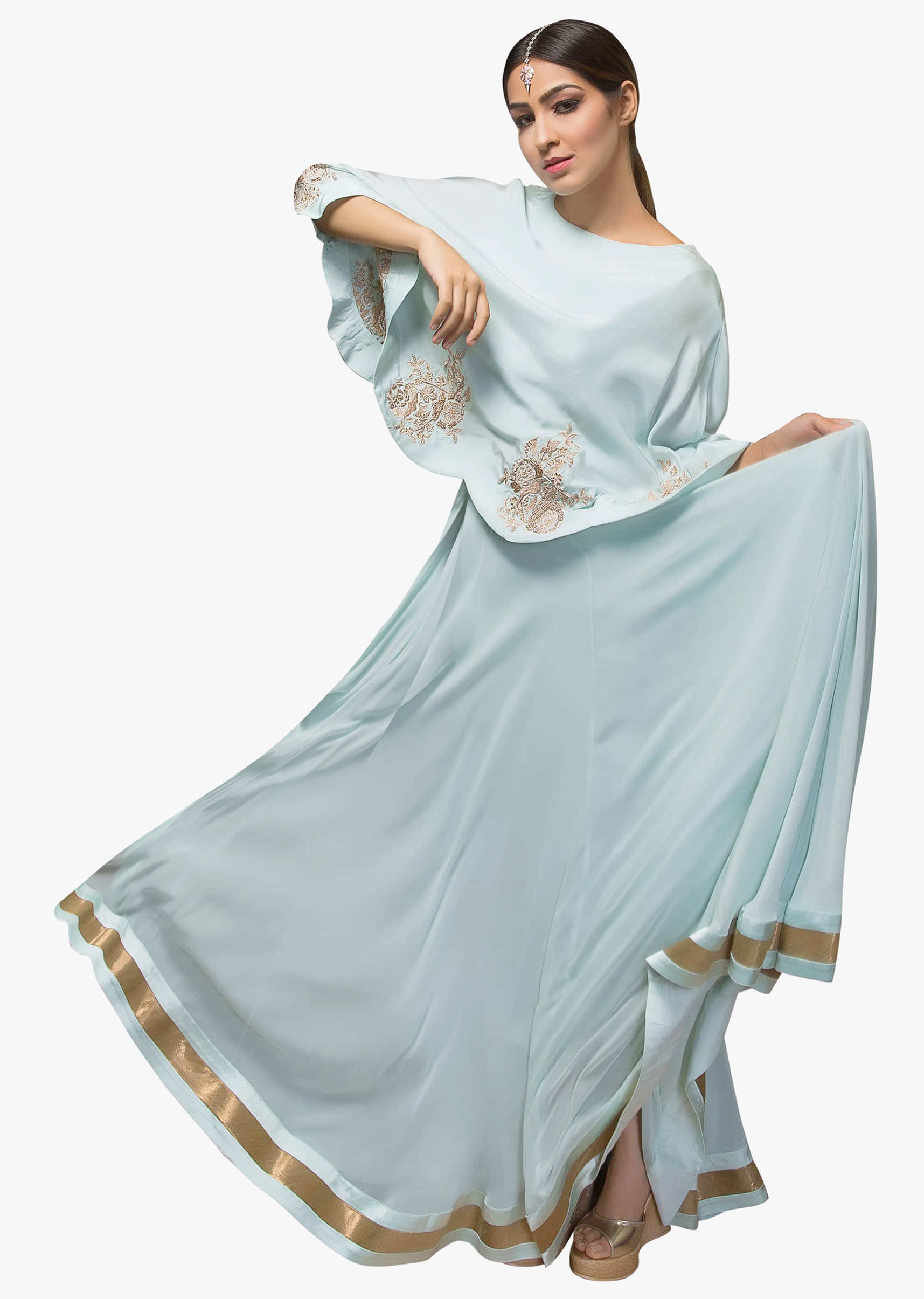 Mint blue anarkali dress in georgette with embroidered cape in floral motif 