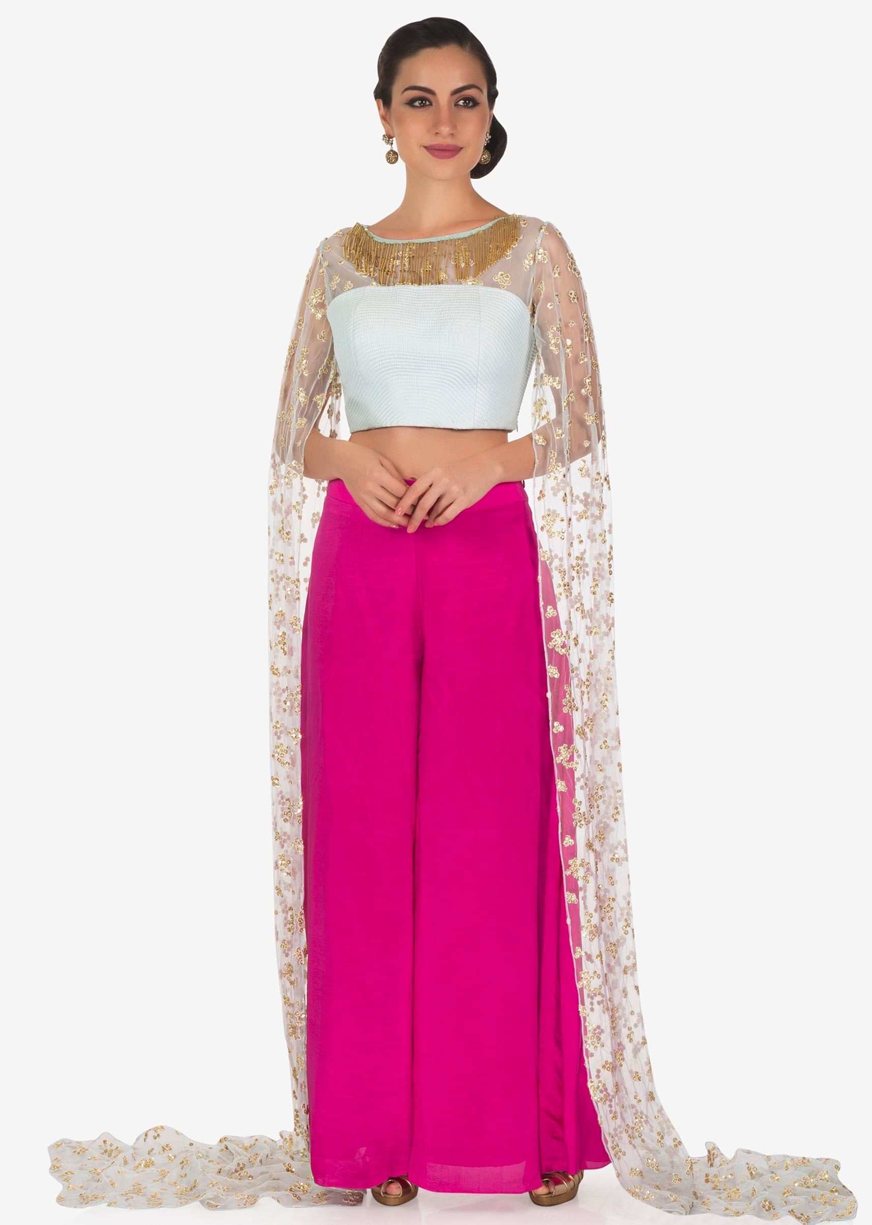 Mint blue crop top blouse in quilting with rani pink palazzo pant only on Kalki