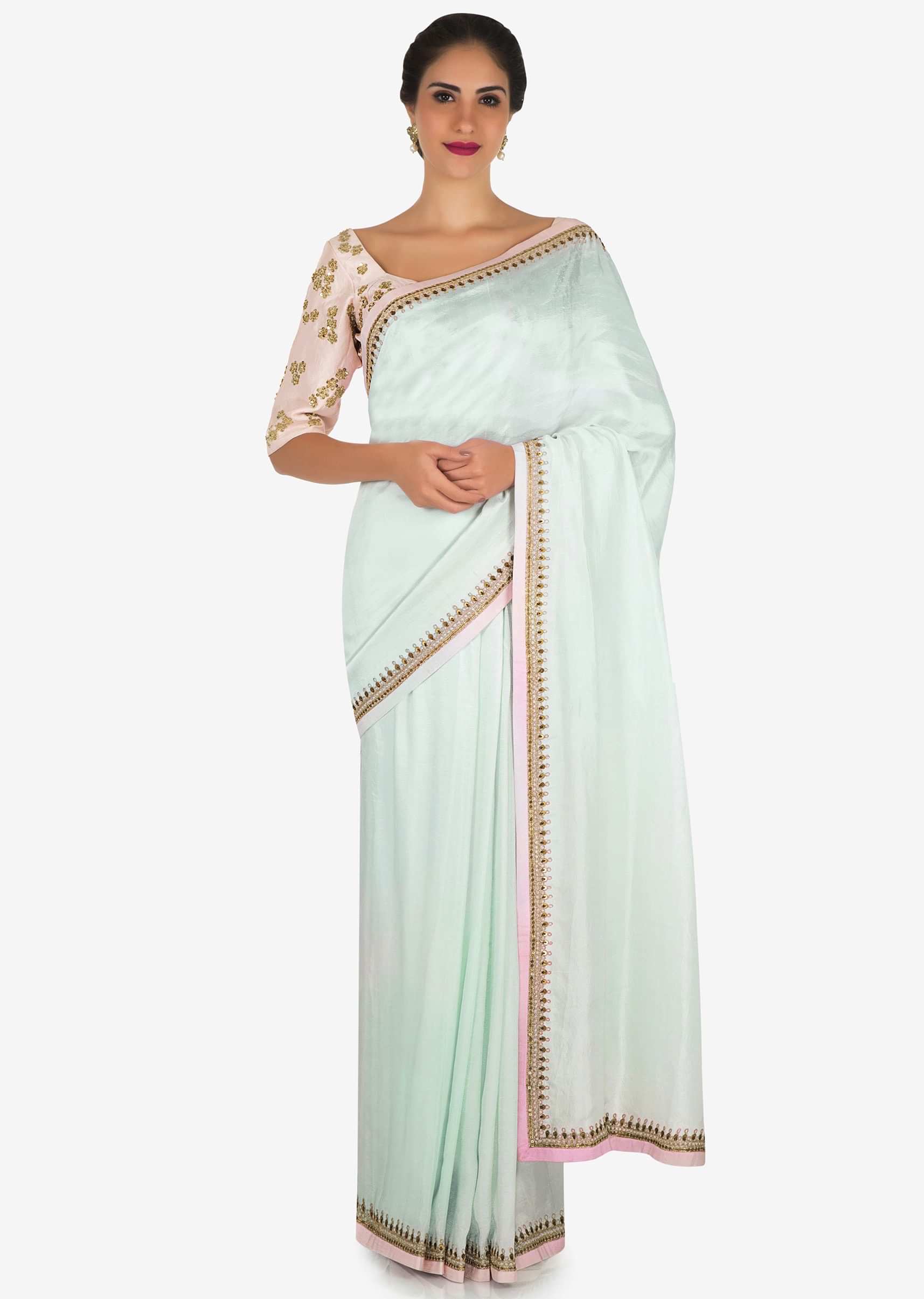 Mint blue saree with baby pink blouse embellished with chord zari and sequin work only on Kalki
