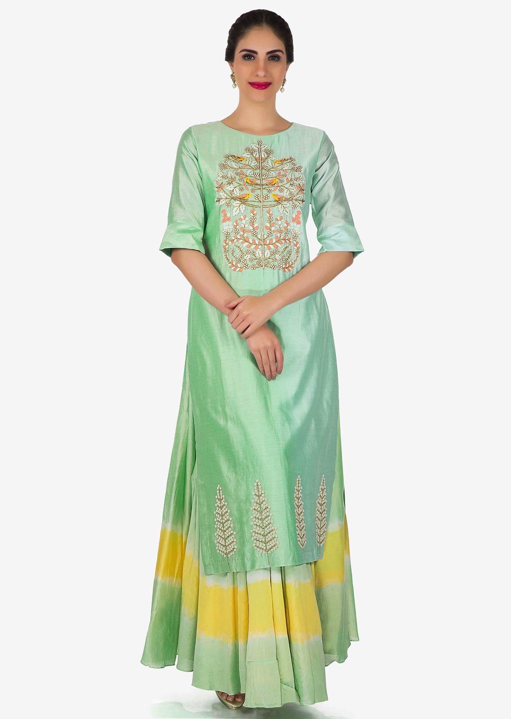 Apple Green Shaded Straight Suit In Art Silk With Moti And Zardosi Embroidery Online - Kalki Fashion