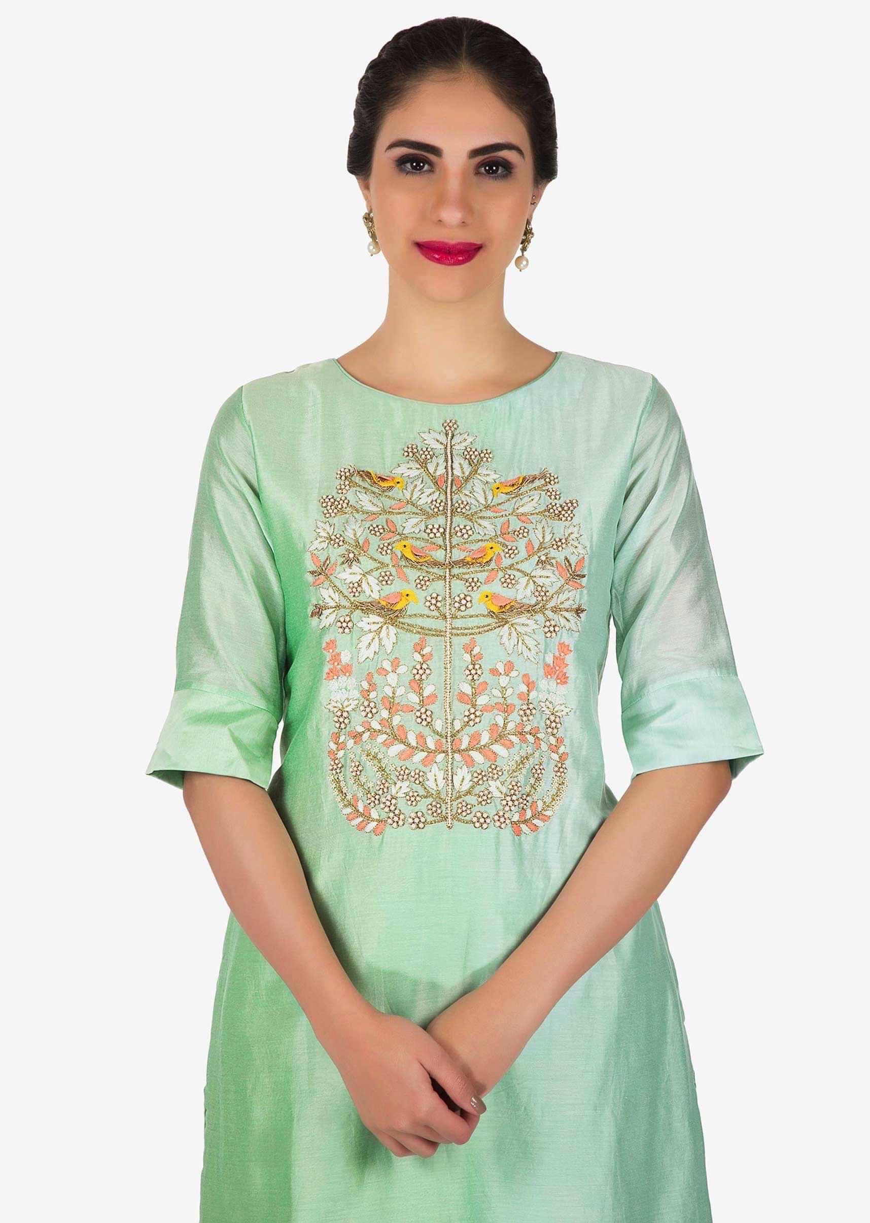 Apple Green Shaded Straight Suit In Art Silk With Moti And Zardosi Embroidery Online - Kalki Fashion