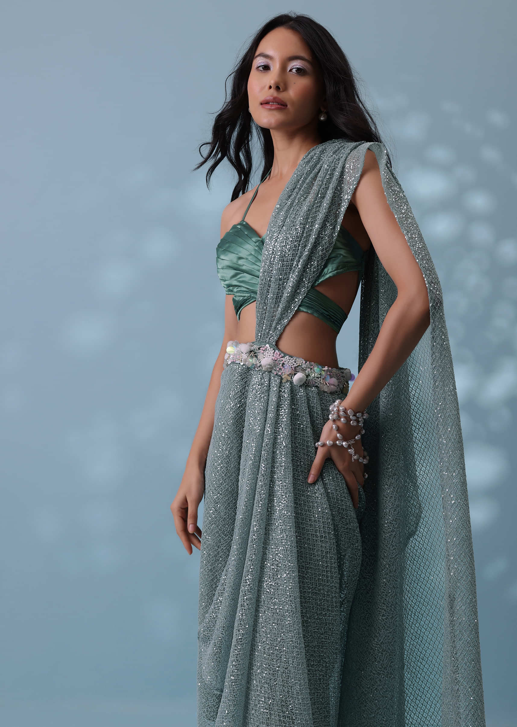 Mint Green Indowestern Ready-To-Wear Drape Saree With Strap Blouse In Sequins