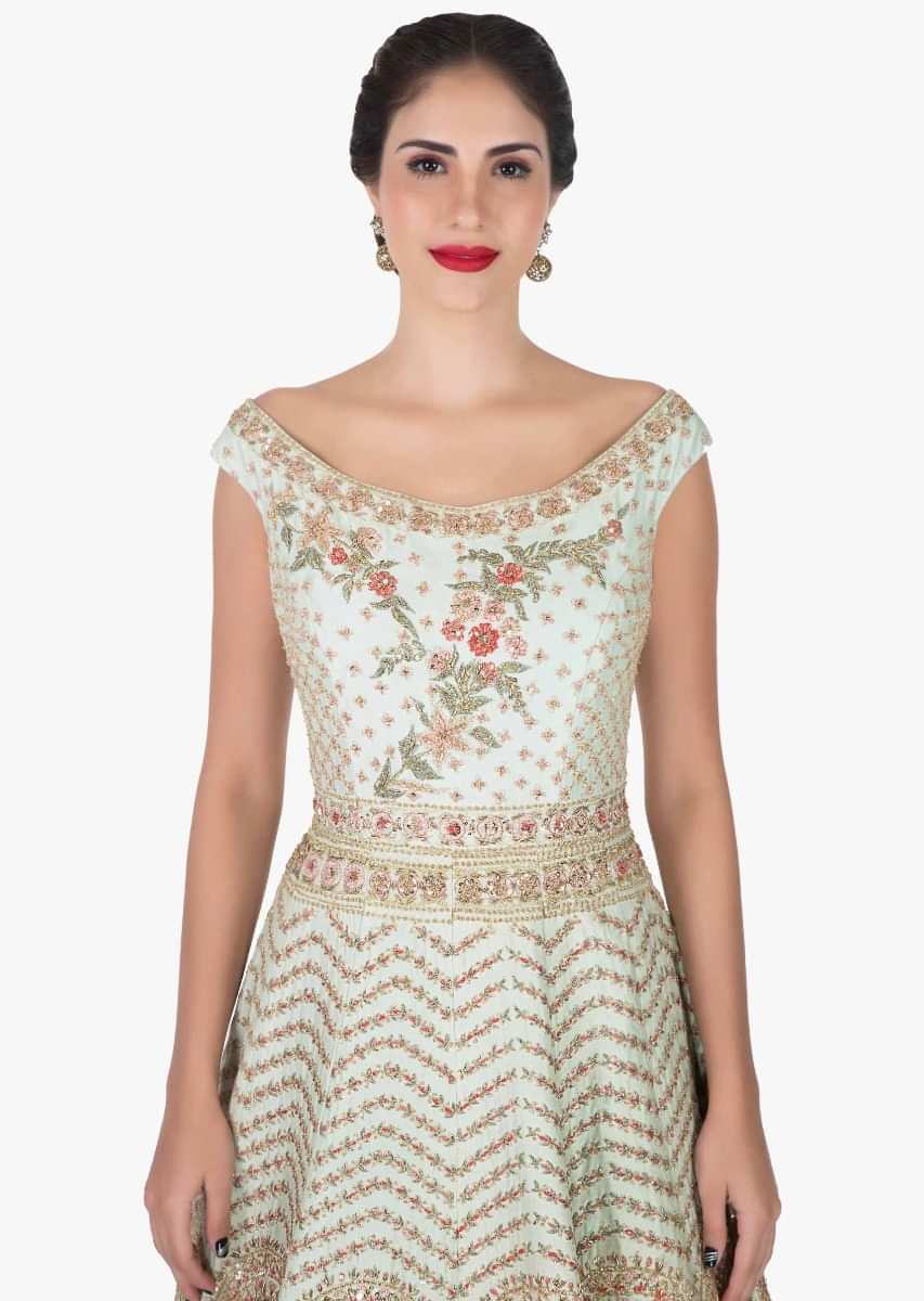 Mint green anarkali suit in silk enhanced in zari and resham embroidery work only on Kalki