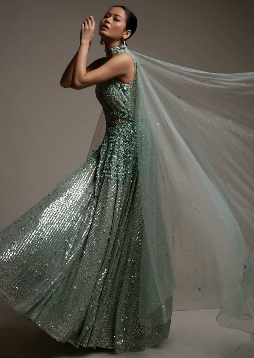 Mint Green Gown In Net With Sequins Work And Sheer Embellished Cut Outs On The Bodice Online - Kalki Fashion
