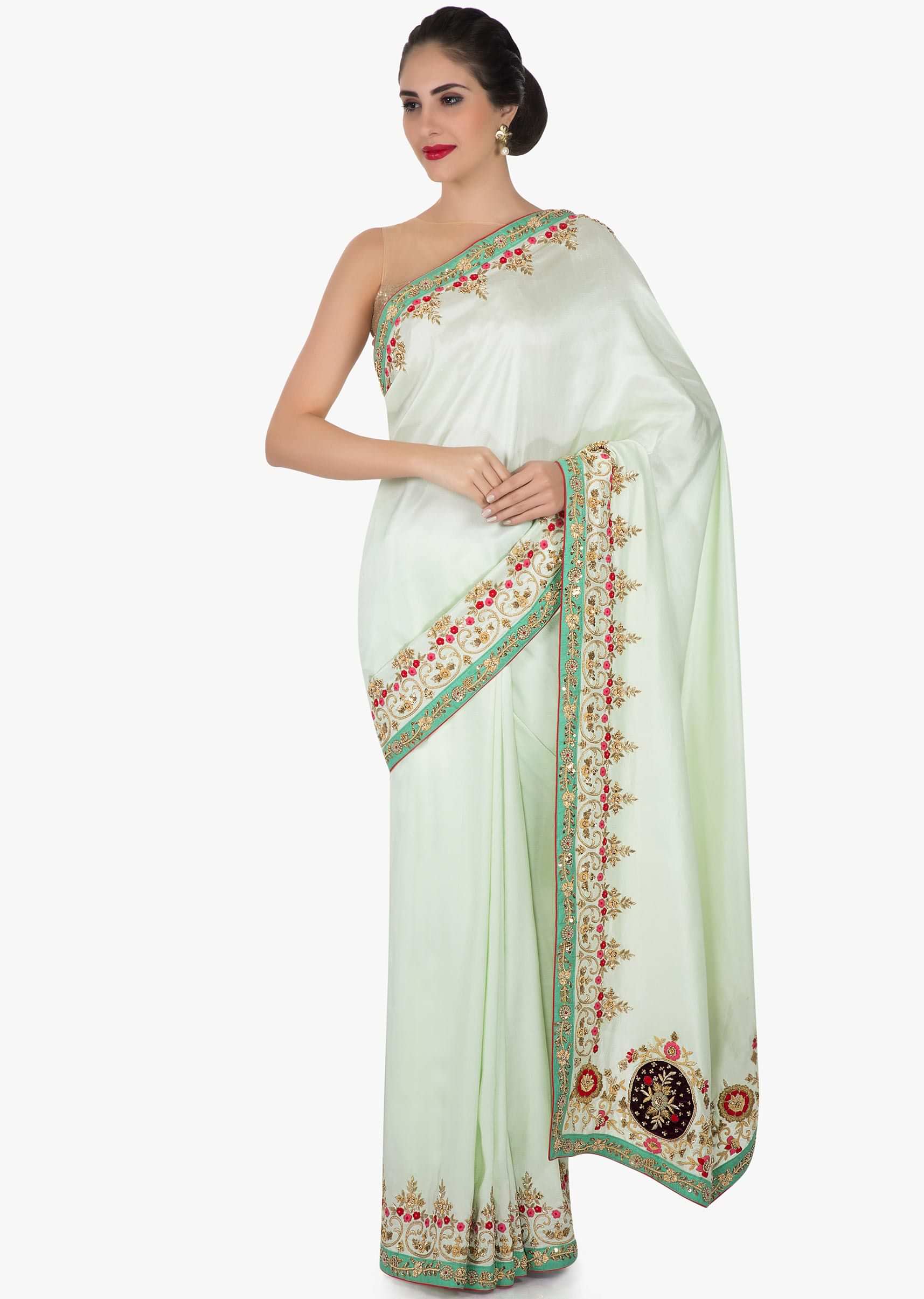 Mint Green Saree In Cotton Silk With Velvet Patch Work And Zardosi Online - Kalki Fashion