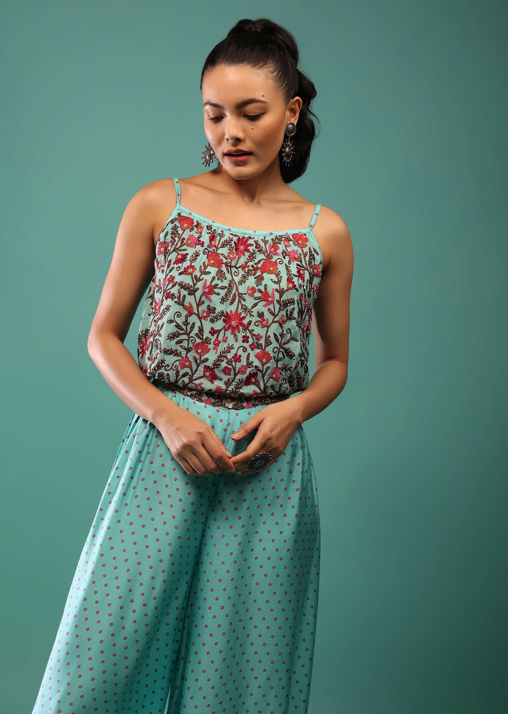 Mint Green Jumpsuit With Thread Work And Floral Print