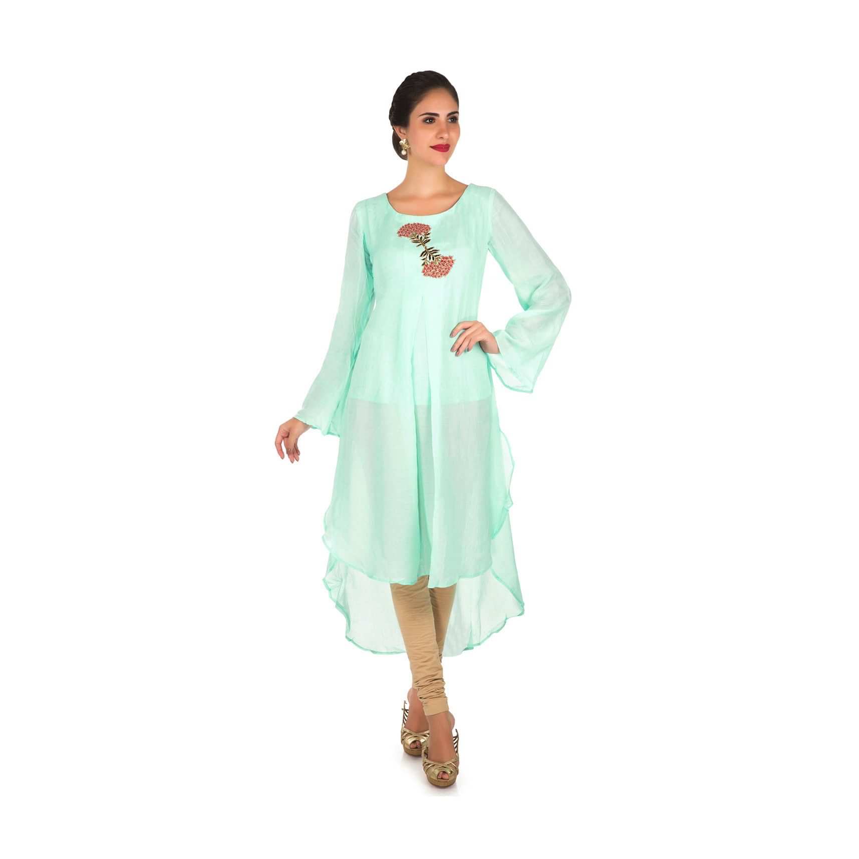 Mint green kurti in cotton adorn in french knot floral motif embroidery only on Kalki