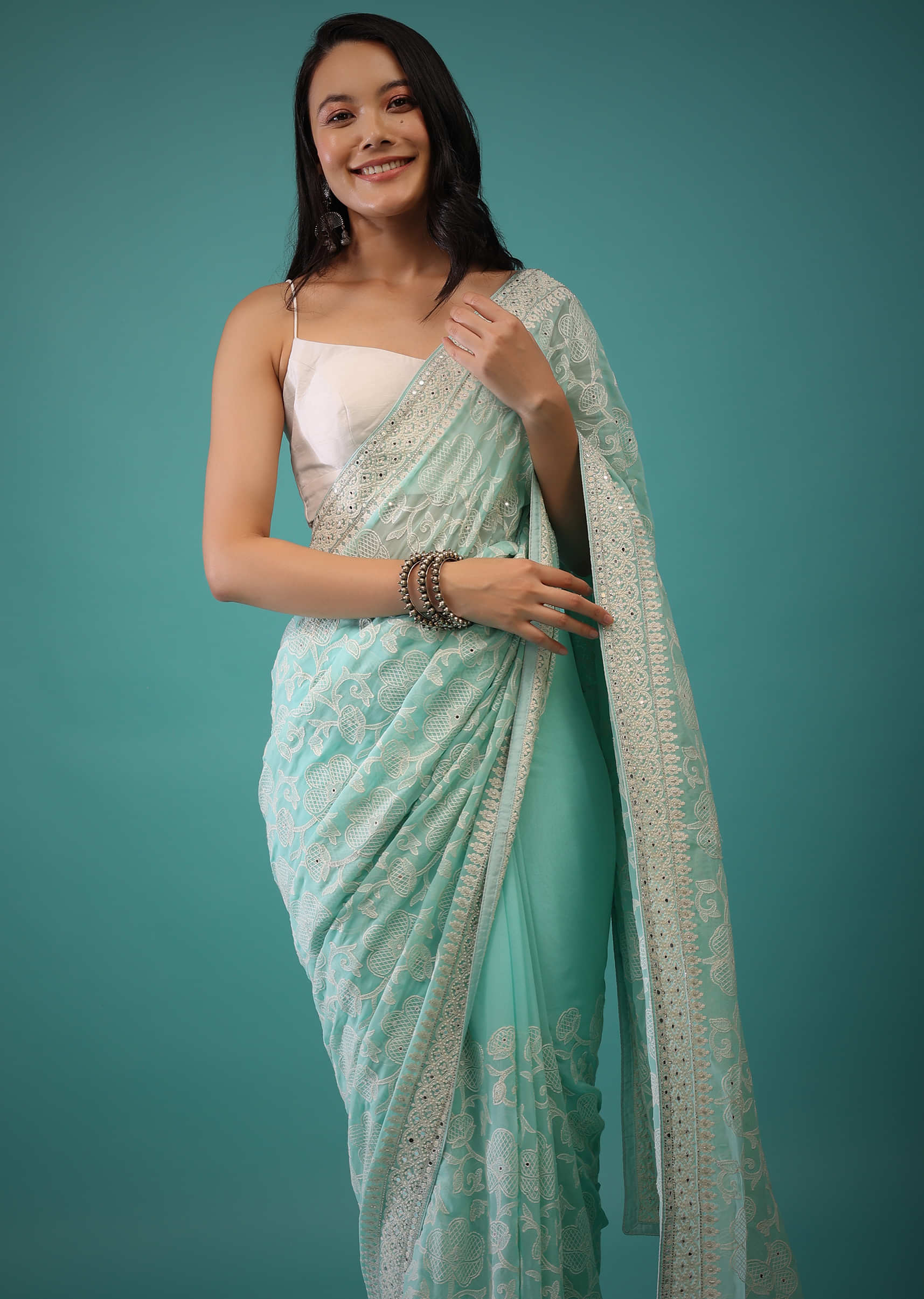 Mint Green Lucknowi Saree With Mirrored Work, White Beads Embroidery Buttis All Over