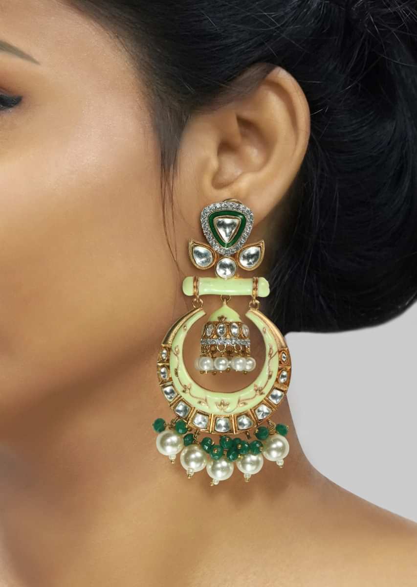 Mint Green meenakari Chandbali With Kundan And Pearls By Tizora