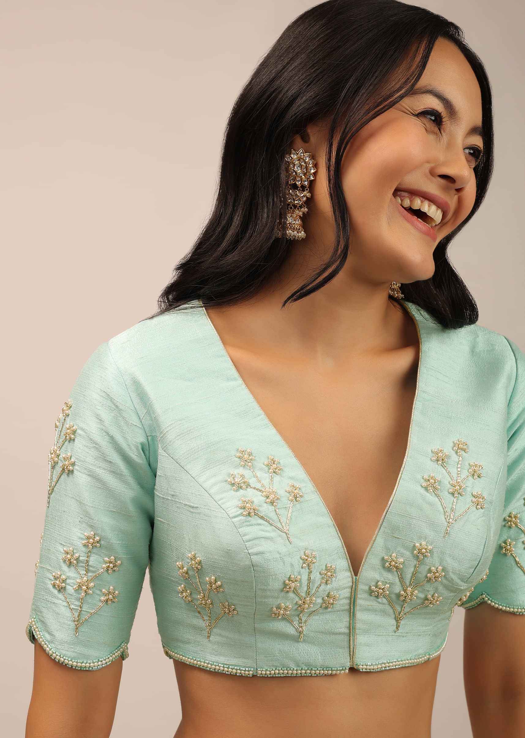 Mint Green Padded Blouse With zardosi And Moti Work