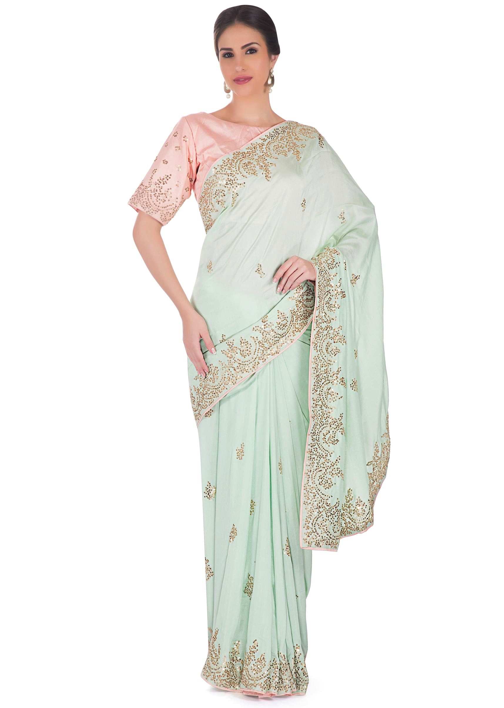 Mint Green Saree In Satin And Pink Pre-Stitched Silk Blouse Adorned With Zari, Sequin Border And Butti Online - Kalki Fashion
